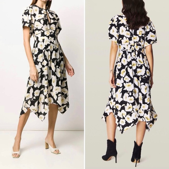 BA&SH black white yellow Robe Fairy floral print midi dress - Picture 3 of 13